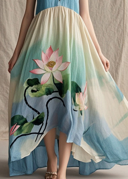 Tie Dye Lotus Print Cotton Spaghetti Strap Dress Summer