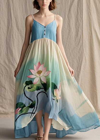 Tie Dye Lotus Print Cotton Spaghetti Strap Dress Summer