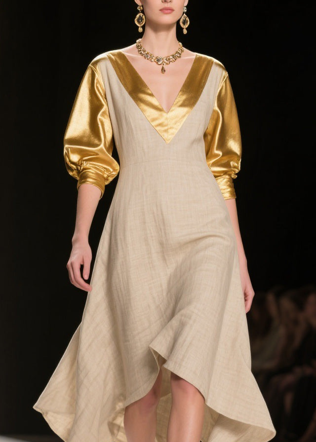 V Neck Asymmetrical Design Patchwork Linen Silk Dress Summer