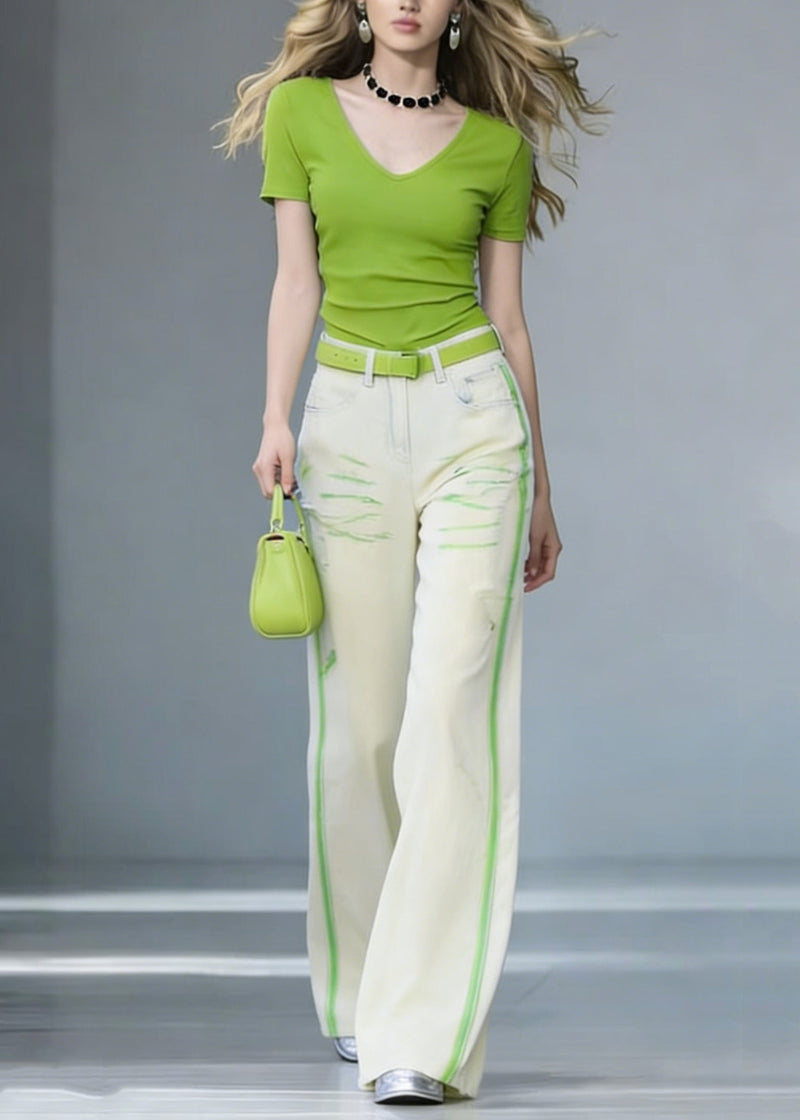 V Neck Cotton T Shirt and Jeans Two Pieces Set Summer