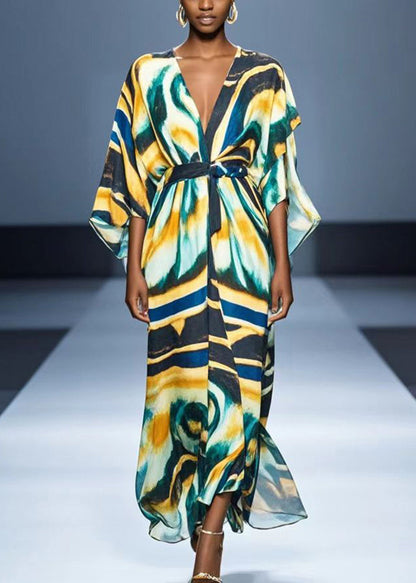 V Neck Graffiti Print Chiffon Dress Batwing Sleeve