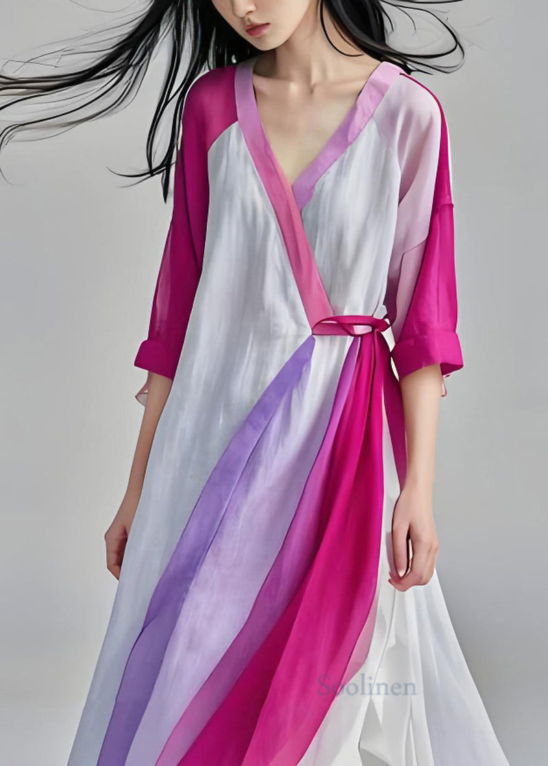 V Neck Lace Up Patchwork Cotton Long Dresses Summer