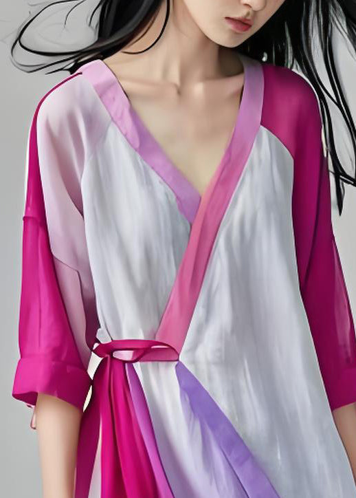 V Neck Lace Up Patchwork Cotton Long Dresses Summer