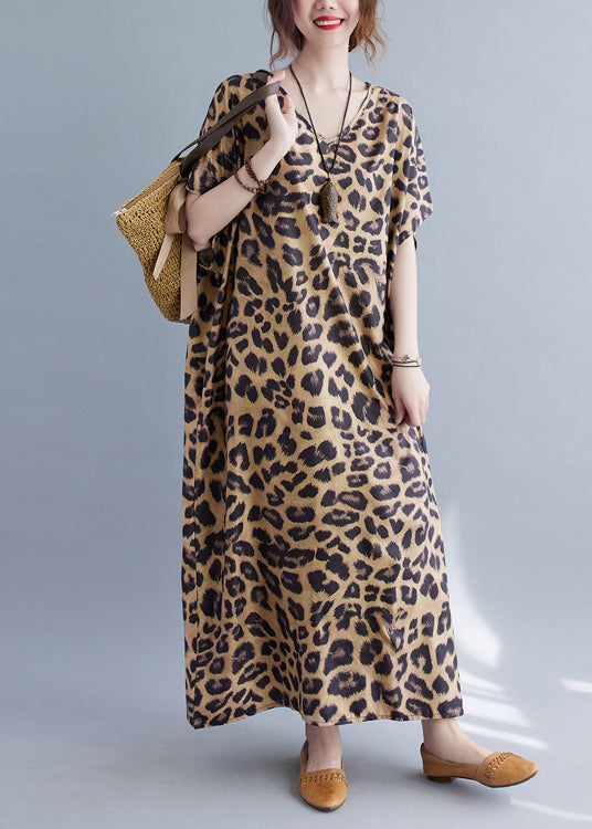 V Neck Leopard Print Silk Long Dresses Summer