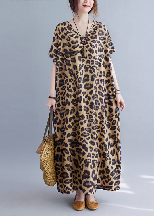 V Neck Leopard Print Silk Long Dresses Summer