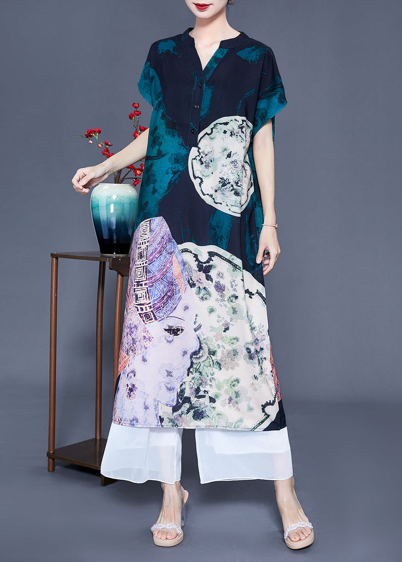 V Neck Original Design Print Silk Long Dress Summer