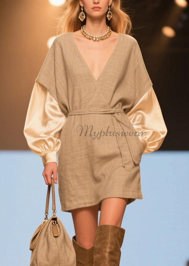 V Neck Patchwork Linen Silk Mid Dresses Spring