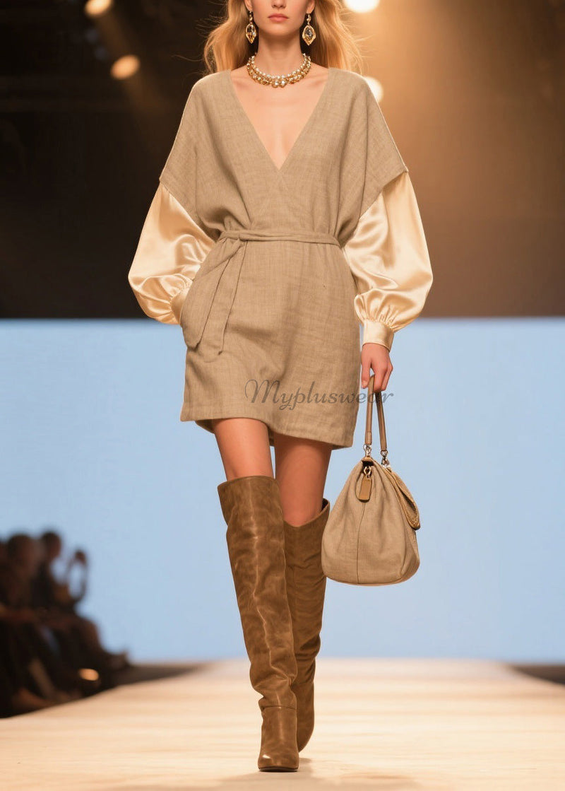 V Neck Patchwork Linen Silk Mid Dresses Spring