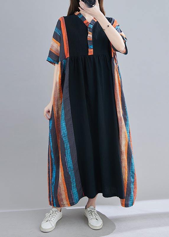 V Neck Patchwork Summer Dress Outfits Multicolor Striped Maxi Dress