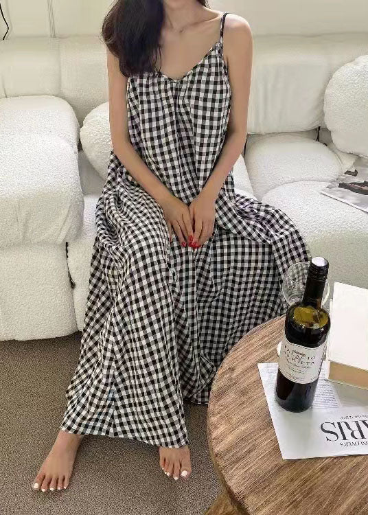 V Neck Plaid Cotton Spaghetti Strap Dress Sleeveless