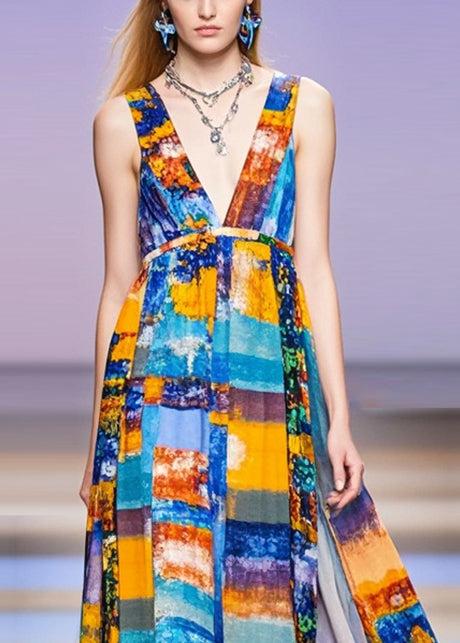 V Neck Print Chiffon Long Dress Sleeveless