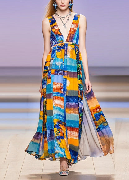 V Neck Print Chiffon Long Dress Sleeveless