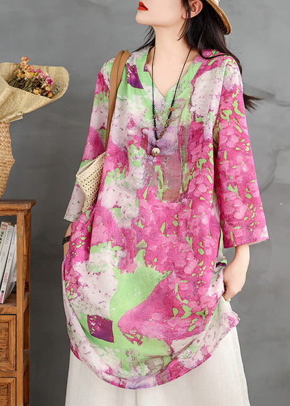 V Neck Print Cotton Mid Dresses Bracelet Sleeve