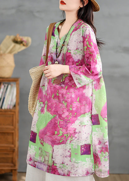 V Neck Print Cotton Mid Dresses Bracelet Sleeve