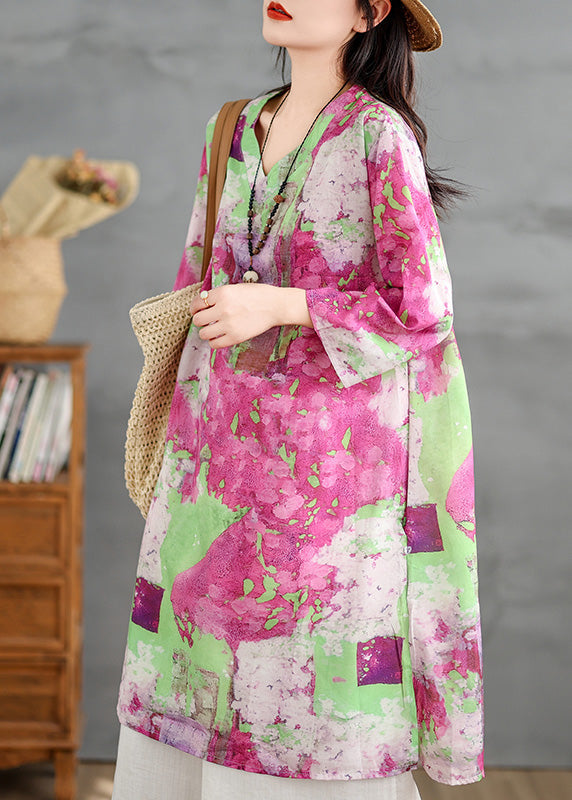V Neck Print Cotton Mid Dresses Bracelet Sleeve