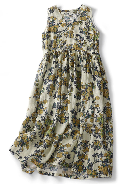 V Neck Print High Waist Linen Dresses Sleeveless