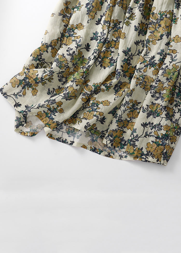 V Neck Print High Waist Linen Dresses Sleeveless