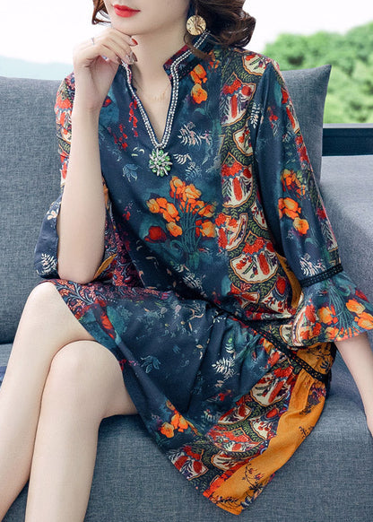 V Neck Print Patchwork Chiffon Mid Dresses Summer