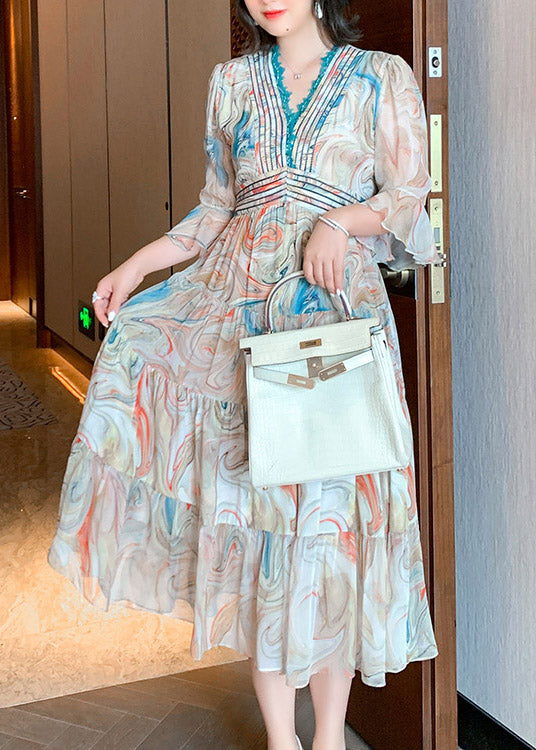 V Neck Print Patchwork Silk Long Dress Summer