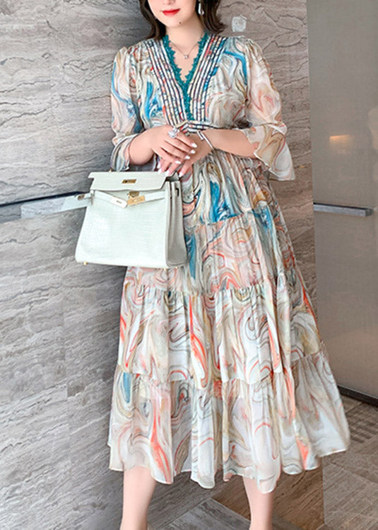 V Neck Print Patchwork Silk Long Dress Summer