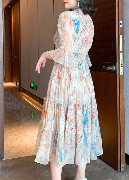 V Neck Print Patchwork Silk Long Dress Summer