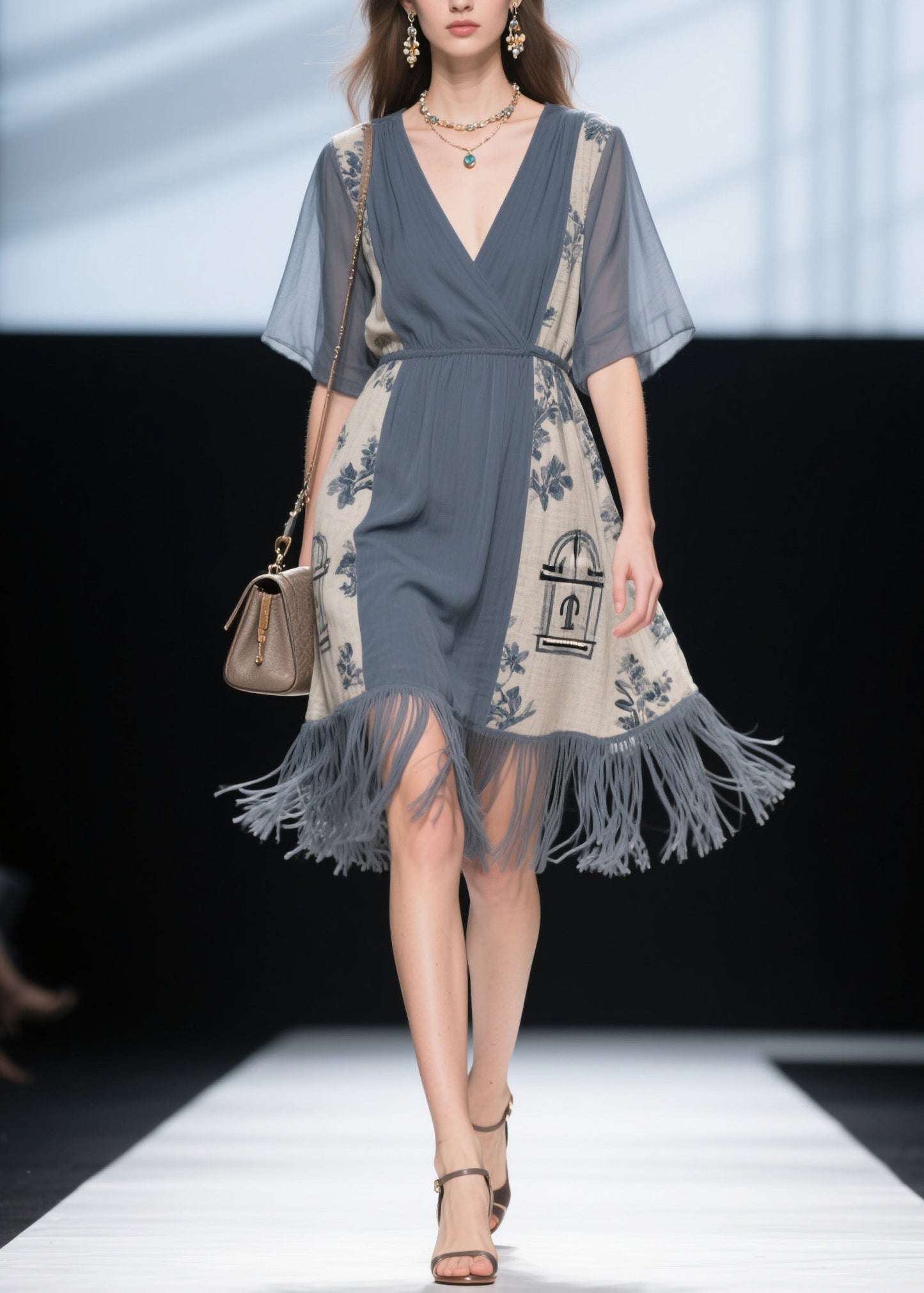 V Neck Print Tassel Patchwork Cotton Dress Summer