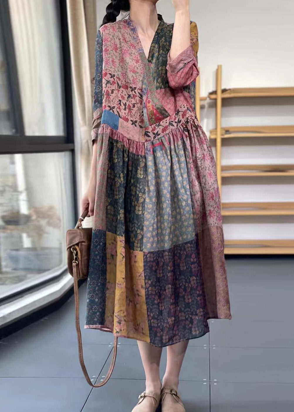 V Neck Print Wrinkled Maxi Dress Summer