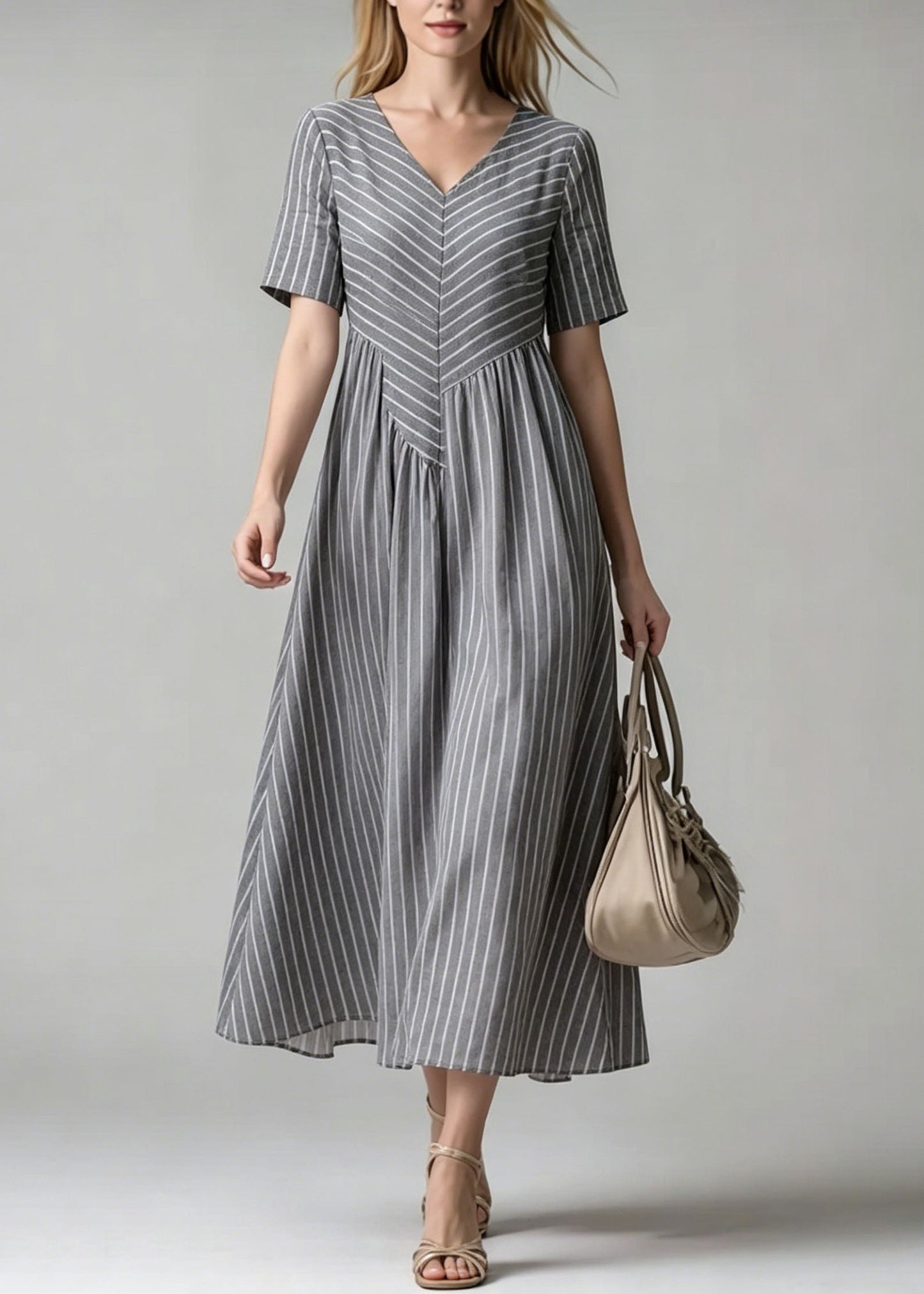 V Neck Striped Patchwork Cotton Dress Summer
