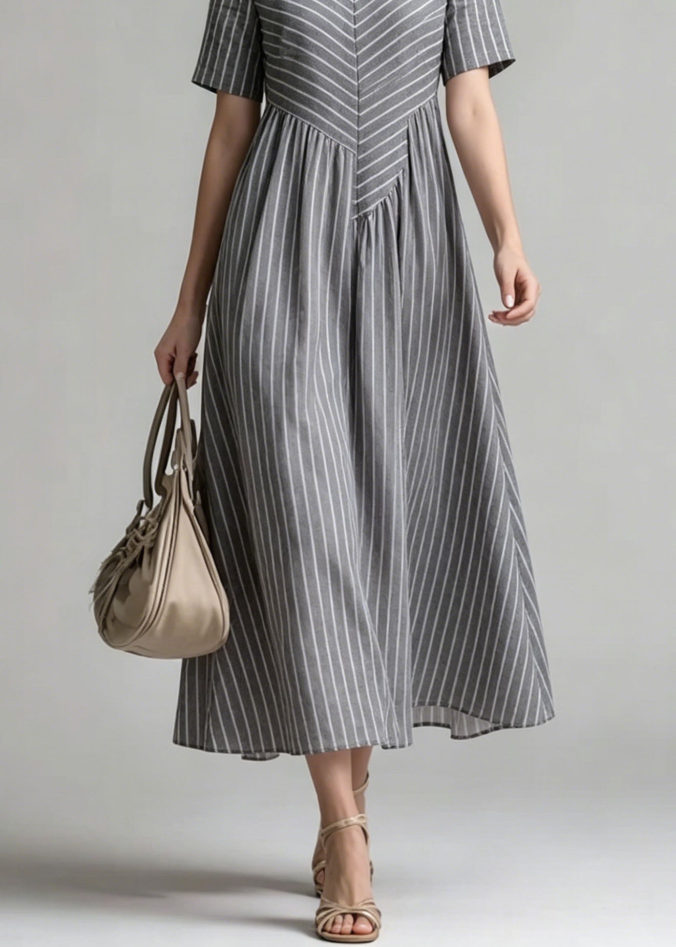 V Neck Striped Patchwork Cotton Dress Summer