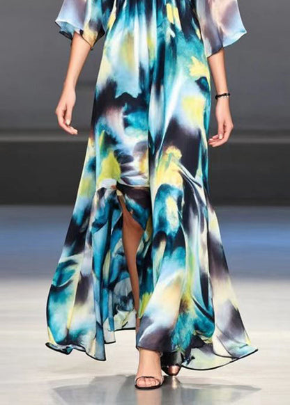 V Neck Tie Dye Side Open Chiffon Party Dresses Summer
