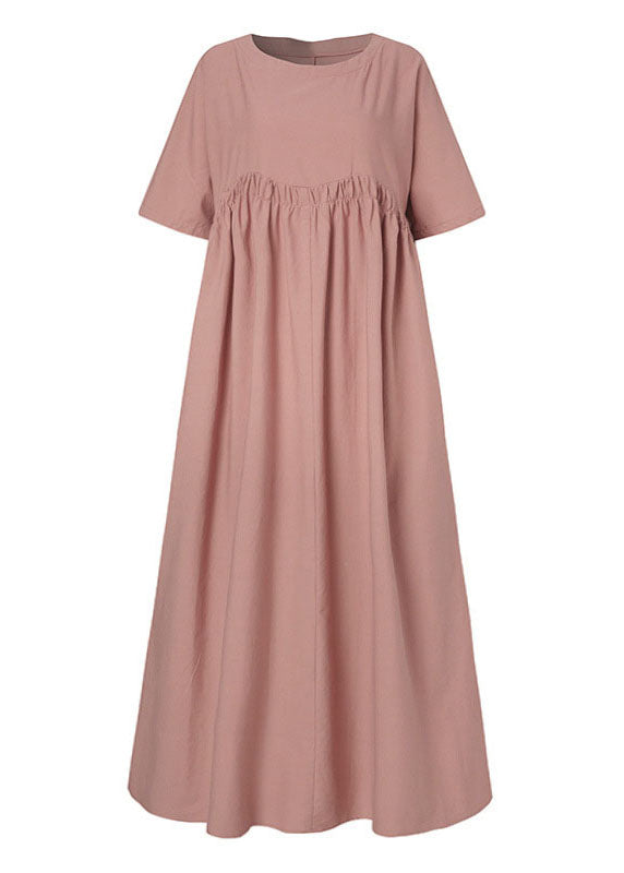 Cotton Color Pleats Half Sleeve Swing Maxi Dresses