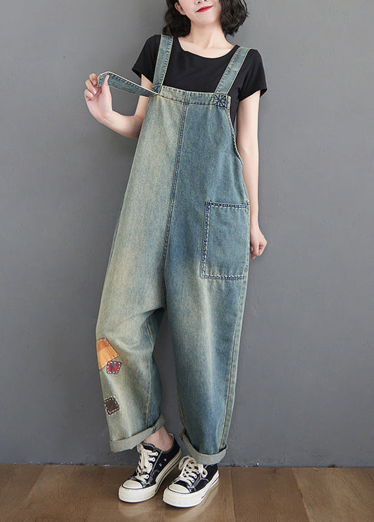 Washing Blue Patchwork Cozy Denim Long Jumpsuit