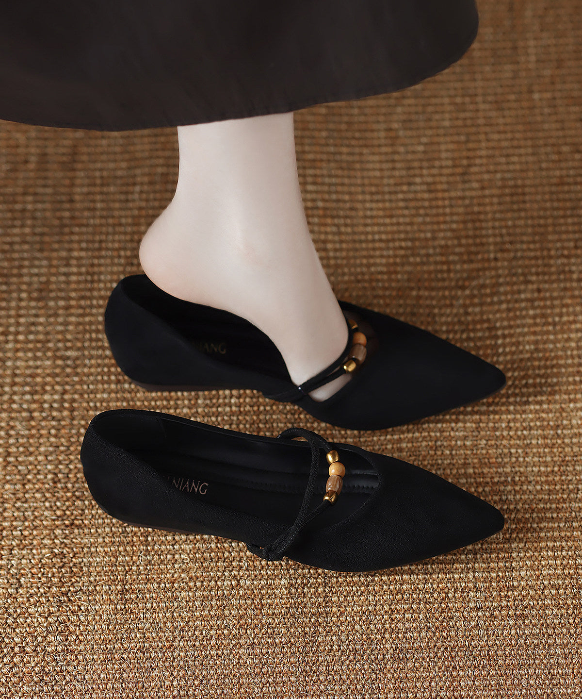Wedge High Heels Black Cowhide Leather