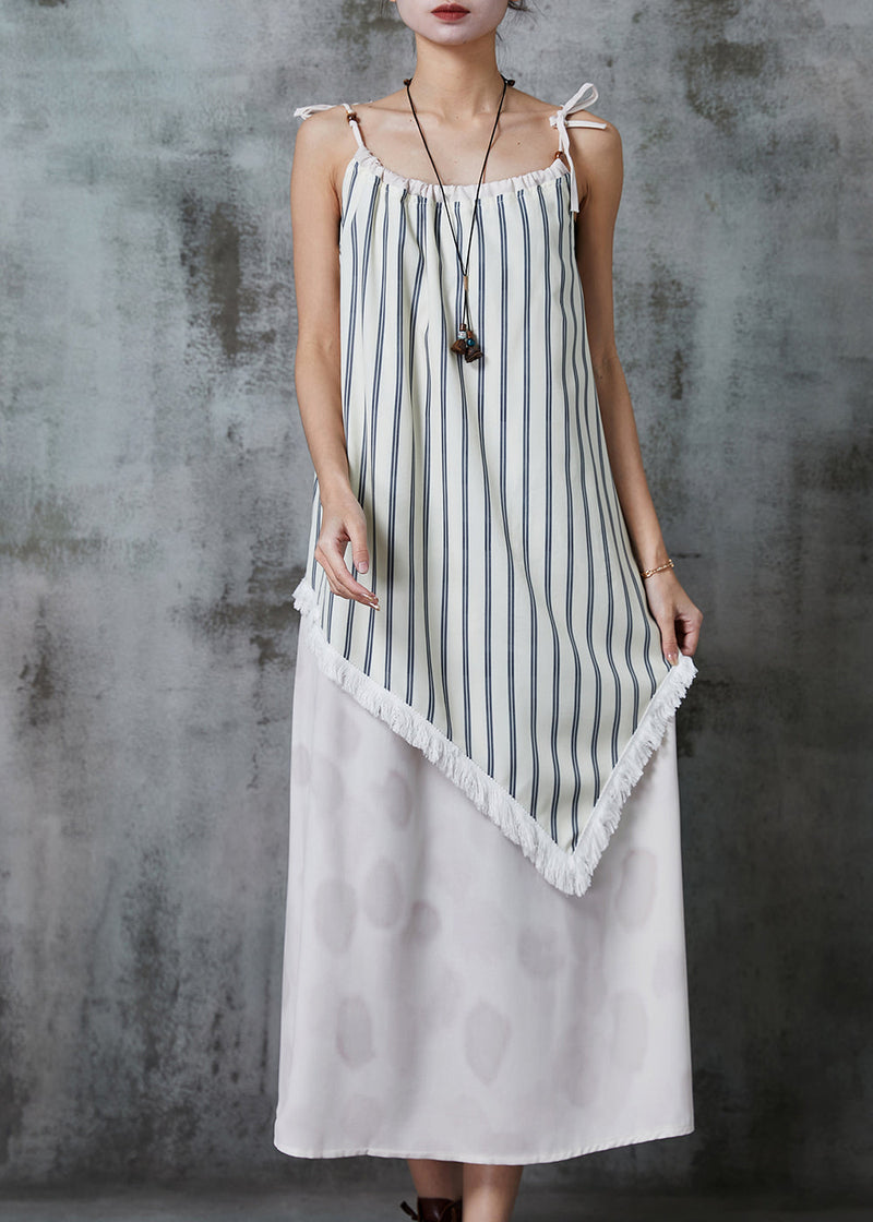 White Asymmetrical Patchwork Striped Summer Dress