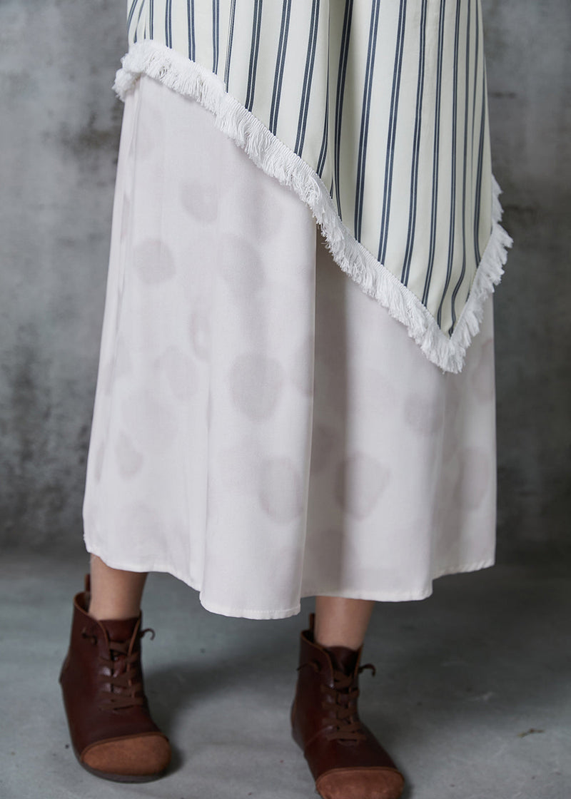 White Asymmetrical Patchwork Striped Summer Dress