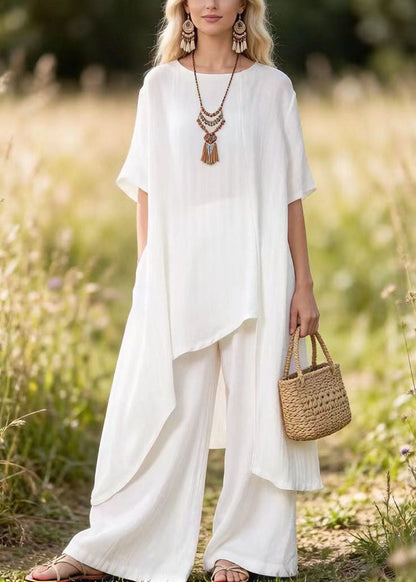 White Asymmetrical Top and Pants Cotton 2 Piece Outfit Summer