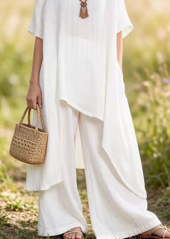 White Asymmetrical Top and Pants Cotton 2 Piece Outfit Summer