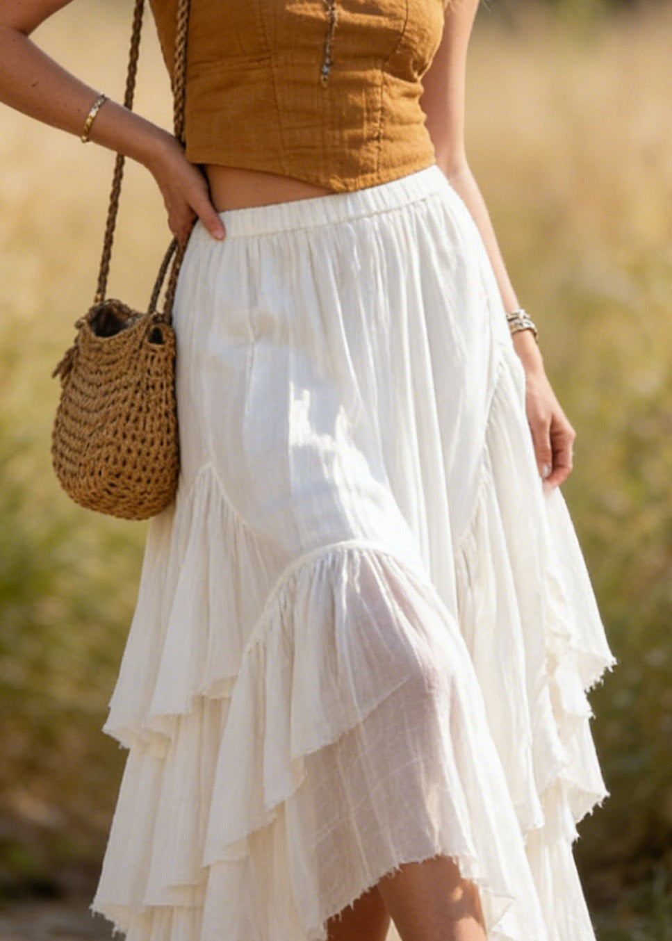 White Asymmetrical Wrinkled Patchwork Cotton Skirts Summer