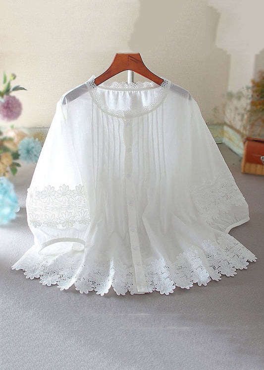 White Button Hollow Out Lace Patchwork Shirt Bracelet Sleeve