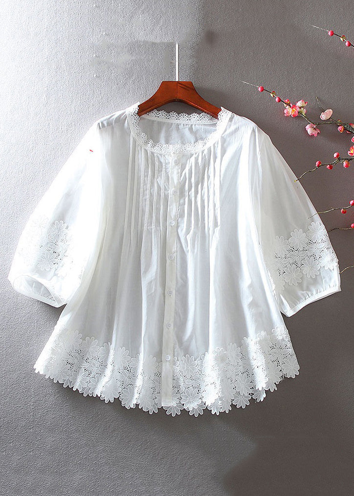 White Button Hollow Out Lace Patchwork Shirt Bracelet Sleeve