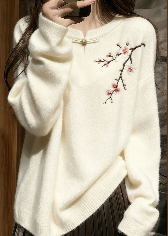 White Button Plum Blossom Knit Sweater Tops Winter
