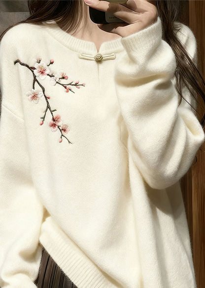 White Button Plum Blossom Knit Sweater Tops Winter