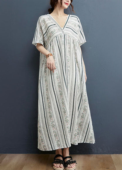 White Button V Neck Cotton Loose Dress Short Sleeve