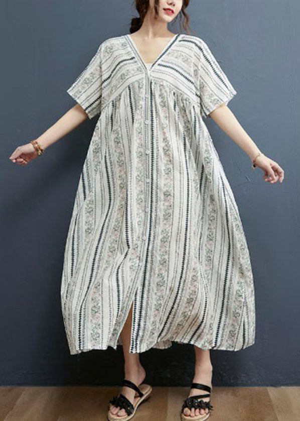 White Button V Neck Cotton Loose Dress Short Sleeve