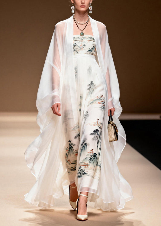 White Cardigans and Dress Print Chiffon Two Pieces Set Spring