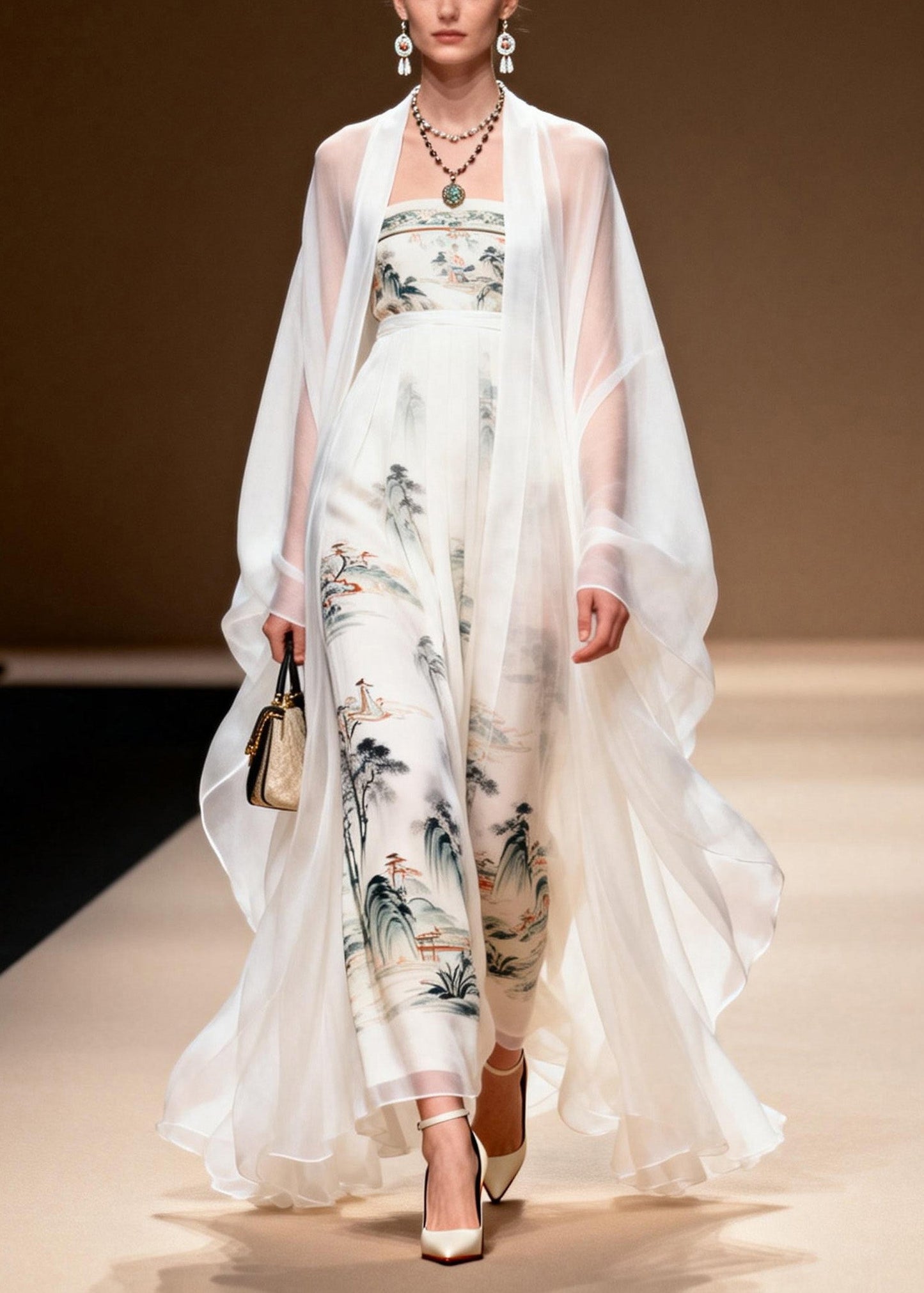 White Cardigans and Dress Print Chiffon Two Pieces Set Spring
