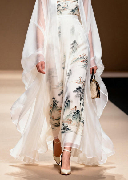 White Cardigans and Dress Print Chiffon Two Pieces Set Spring
