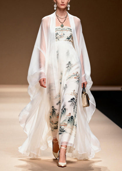 White Cardigans and Dress Print Chiffon Two Pieces Set Spring