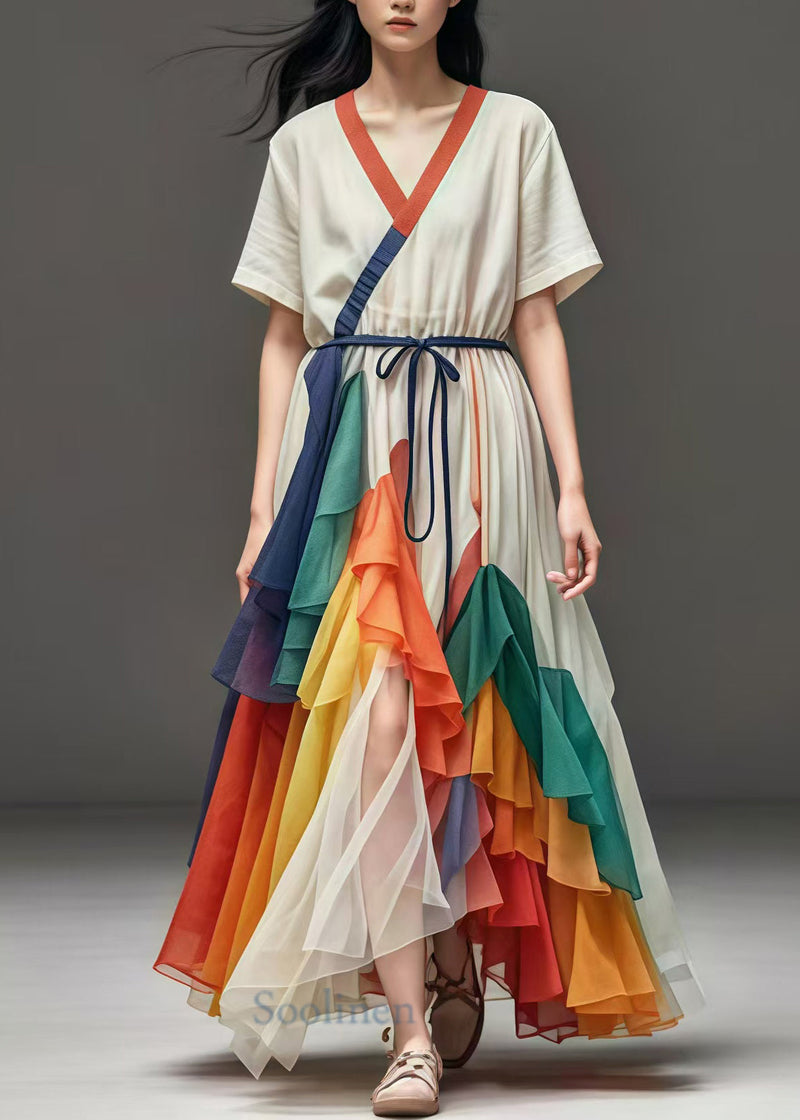 White Cinched Patchwork Tulle Maxi Dresses Summer