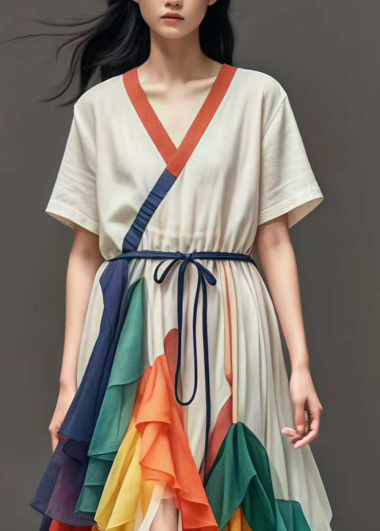 White Cinched Patchwork Tulle Maxi Dresses Summer